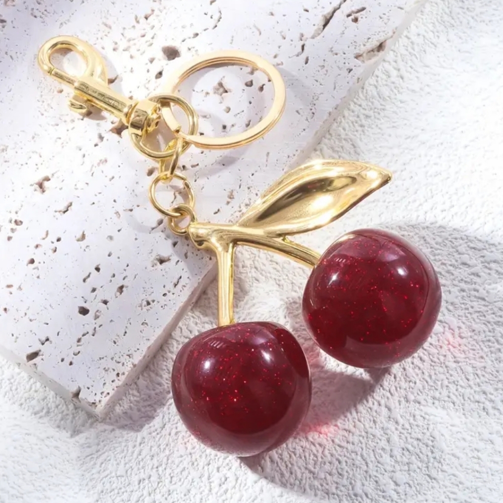 Cherry Keychain High Quality Resin Yellow Gold Hardward Bag Charm Red Cherry 🍒 - Picture 3 of 7